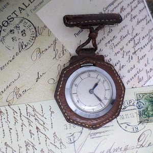 Vintage Watch Fob with Leather Brown Strap, French Women Mechanical Watch Brooch Pin, Old Ladies Watch, Working, Lady Jewelry, 1950s