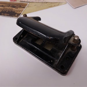 Vintage Metal Perforator, Paper Puncher, Black Office Hole Puncher, Old Desk Perforator, Retro Office Tools from Czechoslovakia