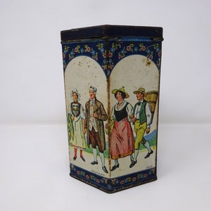 Vintage Merkur Coffee Tin Box with 6 Sided Swiss Traditional Costume, Rustic Kitchen Decoration, Shabby Chic Decor