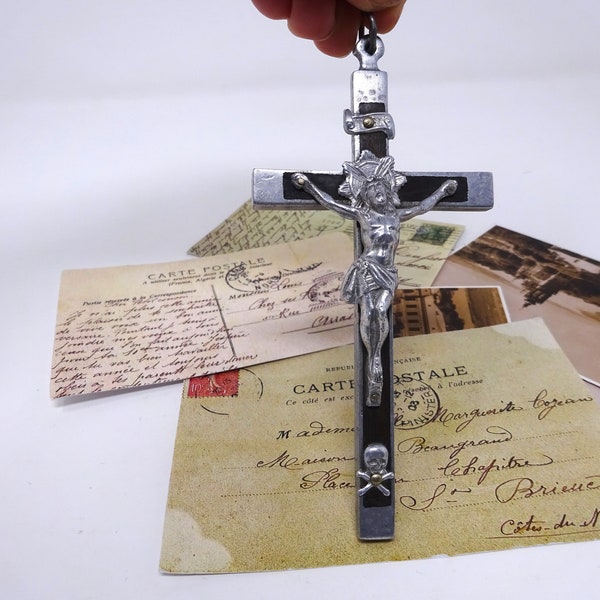 Vintage Crucifix Pendant,  Cross with Ebony Inlay, Antique Pendant Jesus Christ, Catholic Mission Cross, Religious Christian Gift