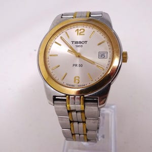 TISSOT Vintage Swiss Mens Quartz Wristwatch with Original Chain, Working Wrist Watch, All Stainless Steel, Glass Sapphire Crystal, 1990s
