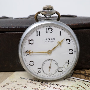 Vintage Pocket Watch &quot;UNIC&quot; with Porcelain Dial, French Antique Men&#39;s Pocket Watch, Mechanical Ancre Movement, Working, 1940s