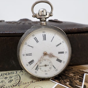 Swiss Silver Pocket Watch, Antique Men's Mechanical Pocket Watch with Cylinder Movement and Porcelain Dial, Working, 1900s