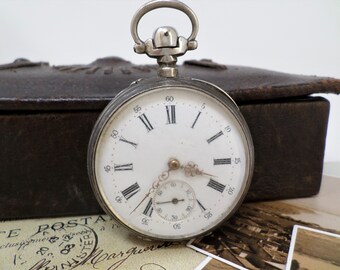 Swiss Silver Pocket Watch, Antique Men's Mechanical Pocket Watch with Cylinder Movement and Porcelain Dial, Working, 1900s
