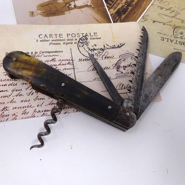 Vintage Penknife with Horn Handle, Old Pocket Knife, Folding Knife with Bladе, Awl, Сorkscrew and Saw, Multifunctional Knife, 1930s