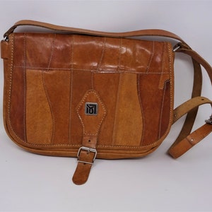 Vintage Leather Womens Bag in Caramel Cognac Color, Patchwork Boho Hippie Bag, Bohemian Shoulder Bag, Fashion Style 1970s