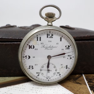 Antique French TRIB Pocket Watch, Vintage Mens Mechanical Ancre Pocket with Porcelain Dial, Open Face, Silver Color Case, Working, 1930s