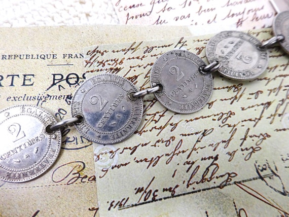 Pocket Watch Vest Chain with Old French  Coins, V… - image 8