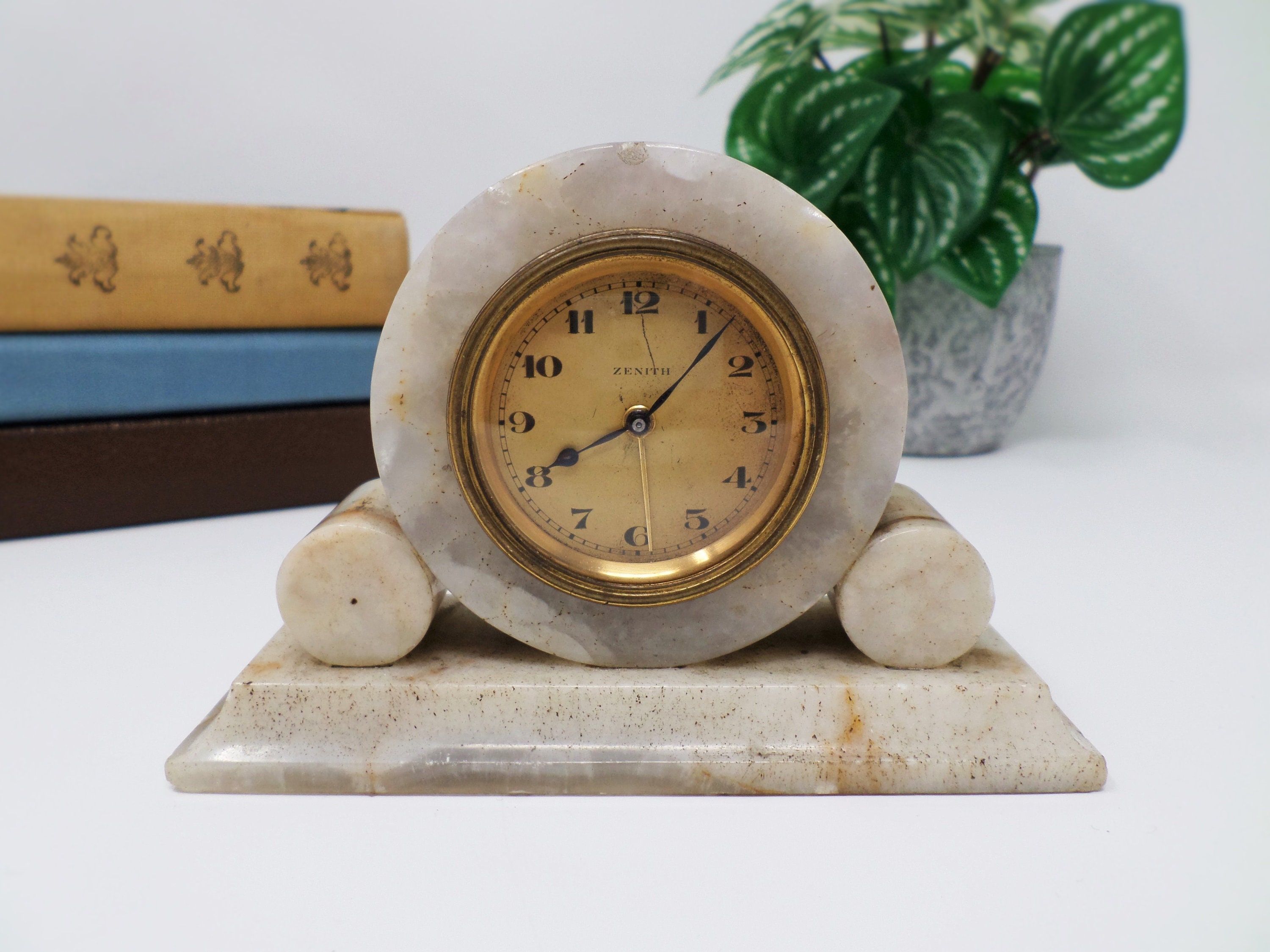 ZENITH Swiss Marble Mantel Clock: Vintage Art Deco Desk Alarm