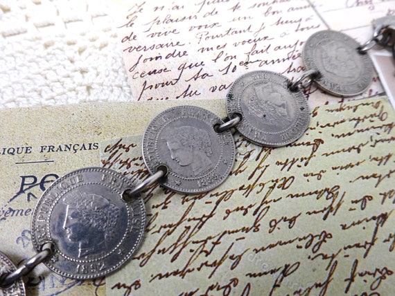Pocket Watch Vest Chain with Old French  Coins, V… - image 5