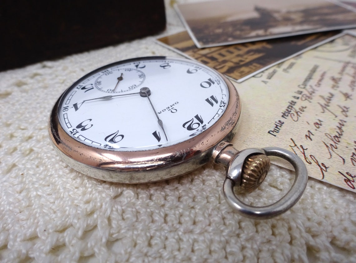 OMEGA Swiss Made Antique Silver Pocket Watch, Vintage Mens Pocket Watch, Mechanical Ancre Movement, Working, Porcelain Dial, 1920s, foto 4 de 5