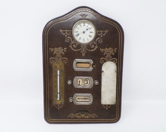 Vintage Leather Wall Clock with Thermometer, French Mechanical Clock, Working, Home Decor, 1940s
