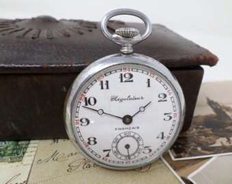Vintage französische Taschenuhr mit Ancre-Uhrwerk und Porzellan-Zifferblatt, mechanische Herrenuhr, funktioniert, 1950er Jahre