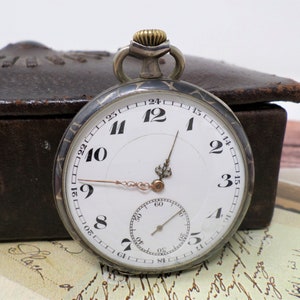 Silver 0.800 Pocket Watch, Vintage French Mechanical Men's Pocket Watch, Porcelain Dial, Cylinder Movement, Working, 1940s
