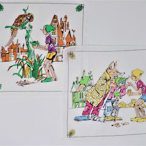 Vintage niños pañuelos con Pinocho, conjunto de 2 pañuelos de algodón retro sin usar, coleccionable, dibujos animados impresos, regalo para niños