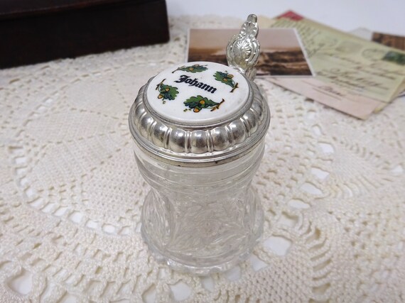 Vintage Stein Schnapsglas mit Deckel gestempelt 