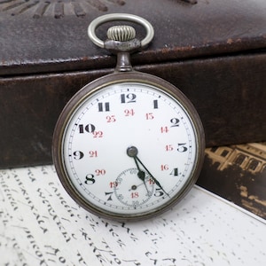 Vintage Pocket Watch, Old French Pocket Watch with Porcelain Dial, Open Face Steel Case, Mechanical Ancre Movement, Working, 1930s