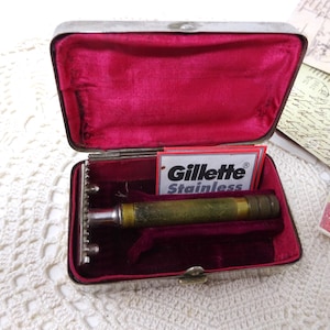 Maquinilla de afeitar vintage y 2 cuchillas sin usar Gillette con caja de metal, kit de seguridad, mango de afeitadora, herramienta de afeitado, herramienta de peluquería