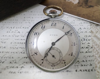 希少なアンティーク懐中時計Cyma、スイス製時計、実用的メンズ懐中時計