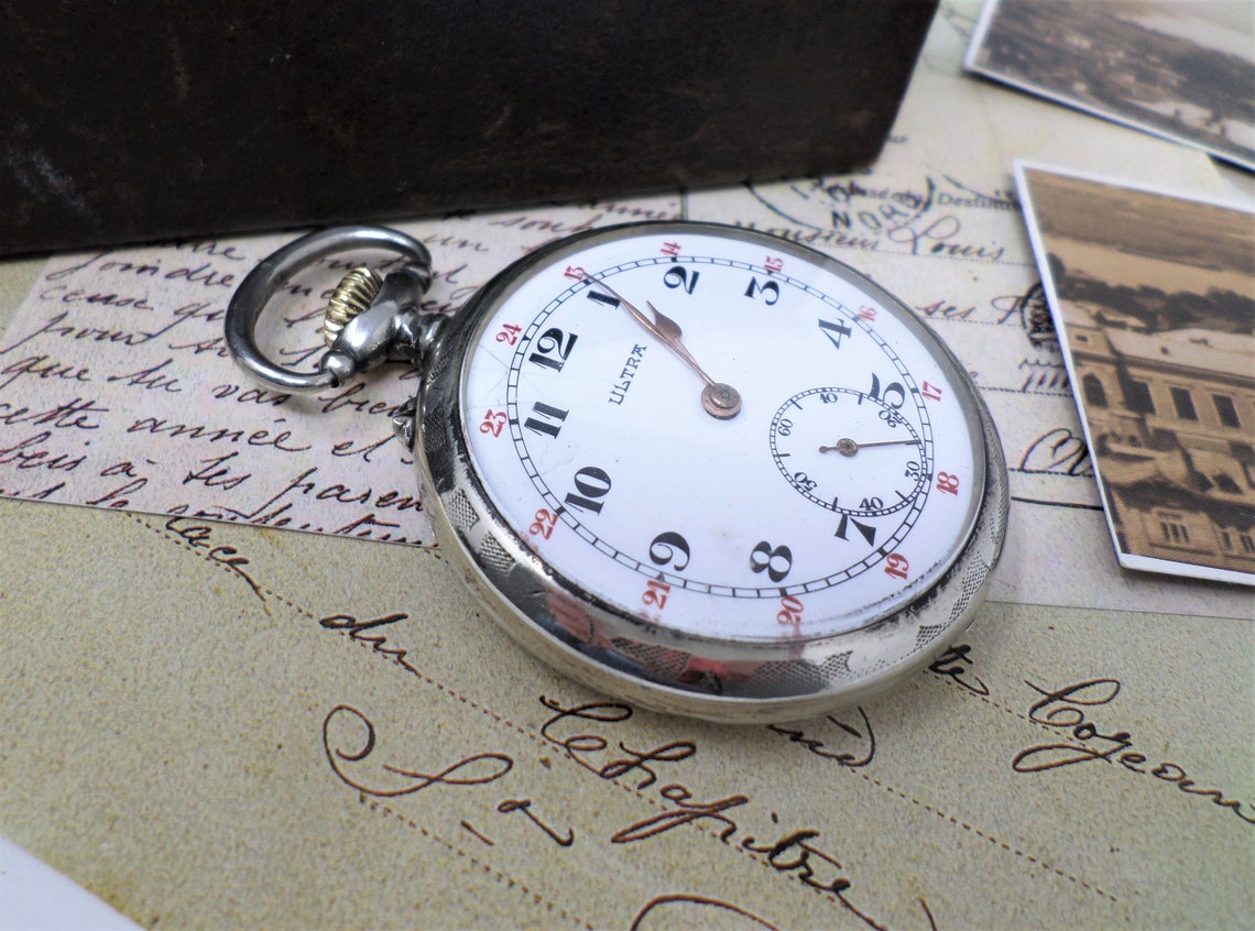 Antique Pocket Watch with Porcelain Dial, Vintage French Mens Mechanical Pocket Watch, Made in 1940, foto 3 de 5