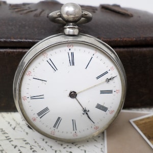 French Antique Silver Pocket Watch with Key Wind, Old Men&#39;s Pocket Watch LAVAL, Working, Mechanical Movement, Porcelain Dial 1880-1890s