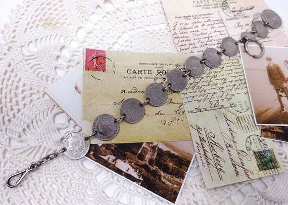 Pocket Watch Vest Chain with Old French  Coins, V… - image 2
