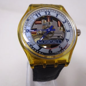 1996 Musical SWATCH Wristwatch Blue Through SLK110 Melody by Pulo Mendoca, Skeleton Dial, Working Wrist Watch with New Battery