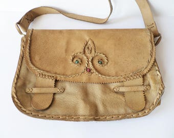 Vintage Leather Hippie Bag, Womens Leather Bag, Retro Ladies Bag, Light Brown Shoulder Bag, Bohemian Purse Bag, Boho Style Bag, 1970s