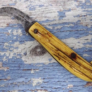 Cuchillo de poda antiguo con mango de cuerno, navaja vieja, navaja de bolsillo vintage, cuchillo de jardín, cuchillos plegables, Billhook, herramienta primitiva 1910s