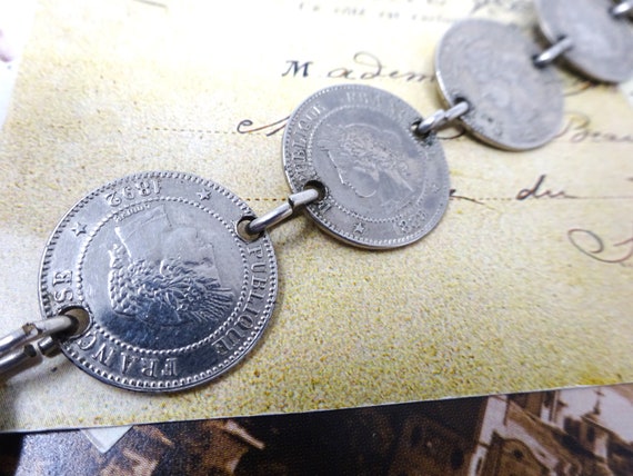 Pocket Watch Vest Chain with Old French  Coins, V… - image 6