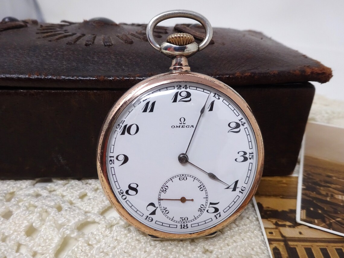 OMEGA Swiss Made Antique Silver Pocket Watch, Vintage Mens Pocket Watch, Mechanical Ancre Movement, Working, Porcelain Dial, 1920s, foto 1 de 5