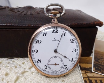 OMEGA Swiss Made Antique Silver Pocket Watch, Vintage Mens Pocket Watch, Mechanical Ancre Movement, Working, Porcelain Dial, 1920s