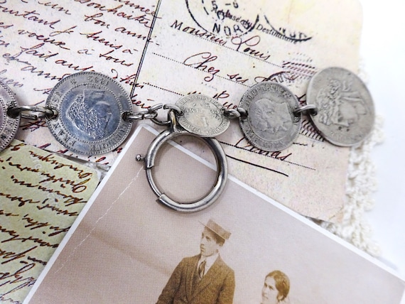 Pocket Watch Vest Chain with Old French  Coins, V… - image 7