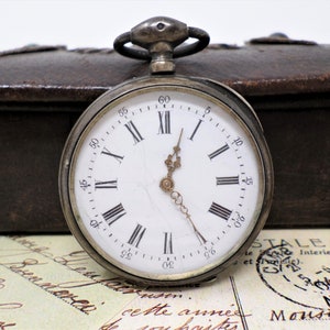 Antique Silver Pocket Watch with Key Wind, Vintage French Mechanical Men's Pocket Watch, Porcelain Dial, Cylinder Movement, Working, 1900s