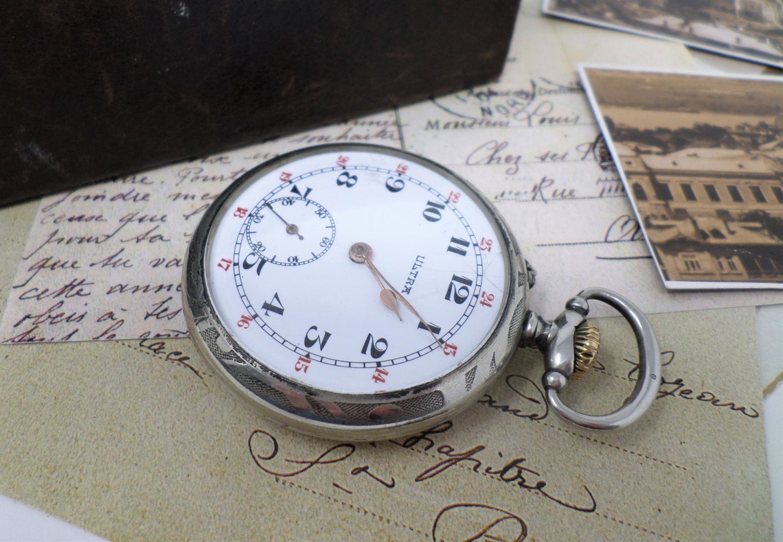 Antique Pocket Watch with Porcelain Dial, Vintage French Mens Mechanical Pocket Watch, Made in 1940, foto 4 de 5