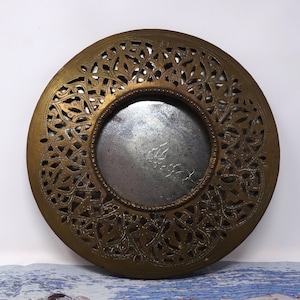 Vintage messing ronde spiegel, antieke muur ronde spiegel, ijdelheid cirkel spiegel, oude hangende badkamerspiegel, Art Nouveau Home Decor, jaren 1930