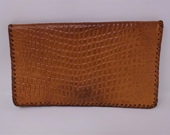 Vintage Leather Envelope Clutch Purse, Caramel Color Womens Bag with Alligator Crocodile Effect, Ladies Wallet, Retro Lady Handbag 1970s