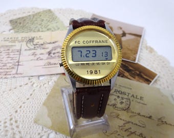 Vintage French FC Coffrane Digital Mens Watch – 1980s, Steel Case, Leather Strap
