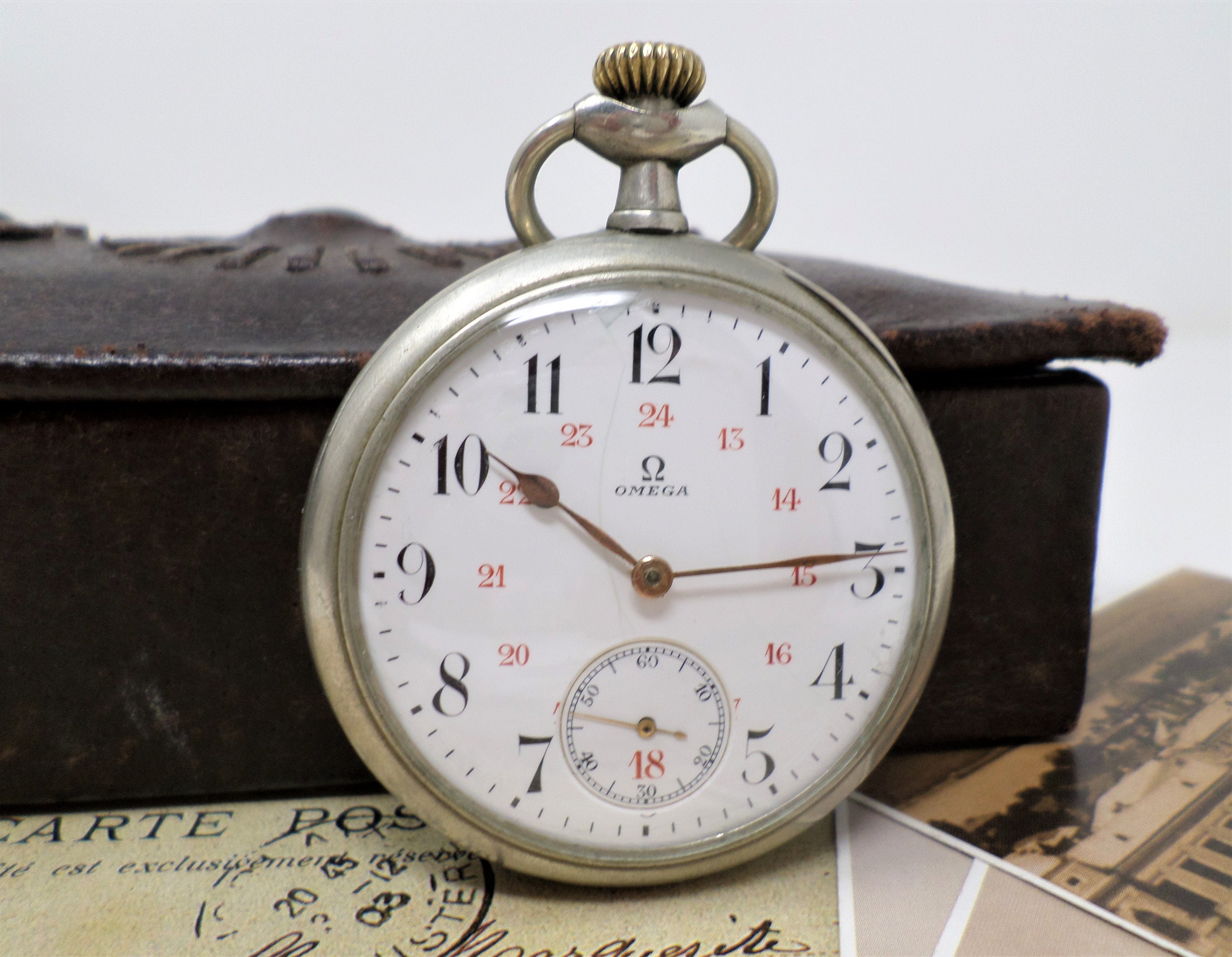 Antique OMEGA Swiss Pocket Watch, Porcelain Dial, Hand-wound