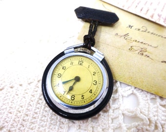 Vintage French Women Watch Brooch Pin, Watch Fob with Mechanical Movement and Leather Brown Strap, Old Ladies Watch, Lady Jewelry