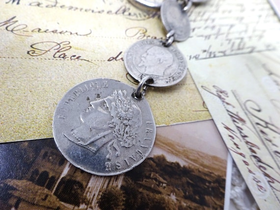 Pocket Watch Vest Chain with Old French  Coins, V… - image 3