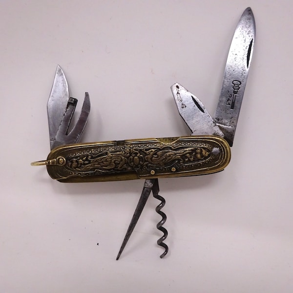 Brass Pocket Knife Pendant, Vintage French Pocket Knife, Antique Folding Knife, Old Penknife, Collectibles Knives