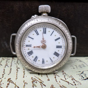 Silver Ladies Wristwatch, Antique French Womens Wrist Watch, Vintage Ladys Watch with Mechanical Cylinder Movement and Porcelain Dial