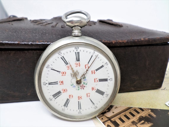 Antique Pocket Watch With Key Winding Porcelain Floral Dial