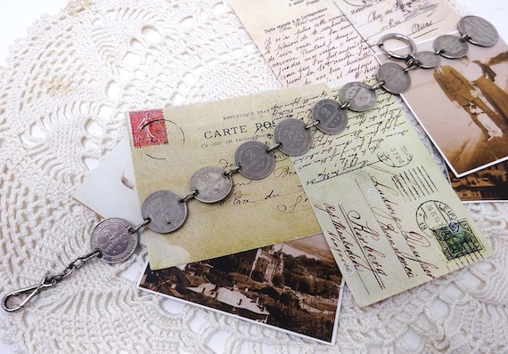 Pocket Watch Vest Chain with Old French  Coins, V… - image 1