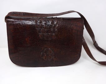 Torebka na ramię w stylu vintage z tłoczonym wzorem skóry krokodyla, ciemnobrązowa torebka ze skóry krokodyla, damska torebka na ramię, wyprodukowana we Francji w latach 70. XX wieku