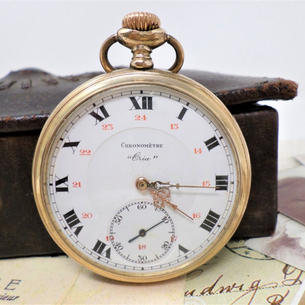 Montre de poche antique chronomètre ORIA avec boîtier plaqué or, montre vintage Français homme, mouvement mécanique ancre, cadran en porcelaine, travail