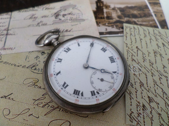 Antique Silver French Pocket Watch, Vintage Mens … - image 4