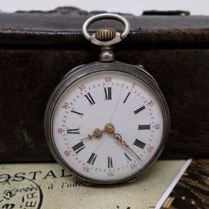 Silver Ladies Pocket Watch, Vintage French Mechanical Women&#39;s Lady&#39;s Pocket Watch with Cylinder Movement, Porcelain Dial, Working, 1930s