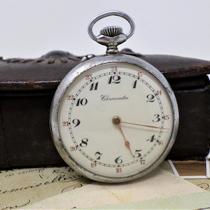Vintage Chronometer Pocket Watch, French Men's Mechanical Pocket Watch with Ancre Movement and Porcelain Dial, Working, 1940s
